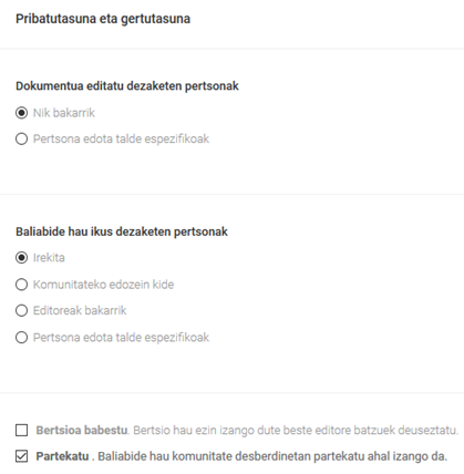 Pribatutasuna eta gertutasuna konfiguratzeko menuaren irudia