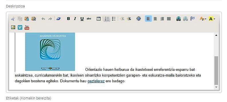 Baliabidearen deskripzioan dokumentua gaztelaniaz ere badaela esaten duen testuaren irudia.