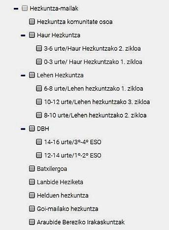 Hezkuntza-mailen kategorien zerrenda desplegatua.