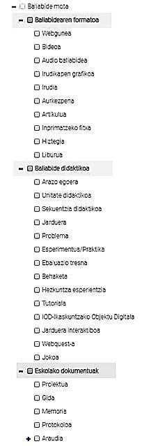 Baliabide mota kategorien zerrenda.