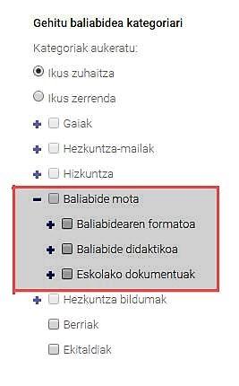 Baliabide kategoriaren menuaren irudia.